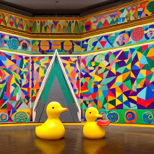 Image similar to wide shot, one photorealistic rubber duck in foreground on a pedestal in an museum gallery, british museum, the walls are covered with colorful geometric wall paintings in the style of sol lewitt, tall arched stone doorways, through the doorways are more wall paintings in the style of sol lewitt.