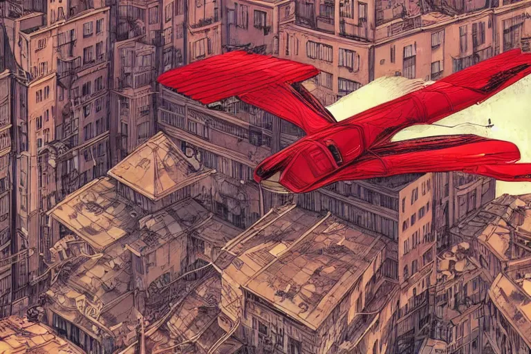 Prompt: A graphic novel illustration of a red metallic flying vehicle, soaring above a dense colorful city, dreamlike, grimy, ink splatters, scratches, sci-fi, by François Schuiten, Marvano, trending on Behance,