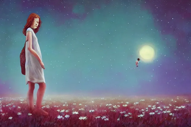 Image similar to large daisy flower over head, girl walking in forest, surreal photography, dark night, stars, moon light, impressionist painting, clouds, digital painting, artstation, simon stalenhag