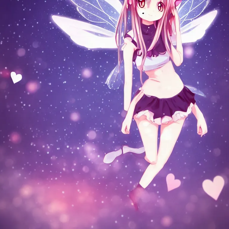 Image similar to cute, full body, female, anime style, a cat girl with fairy wings, large eyes, beautiful lighting, sharp focus, simple background, creative, heart effects, filters applied