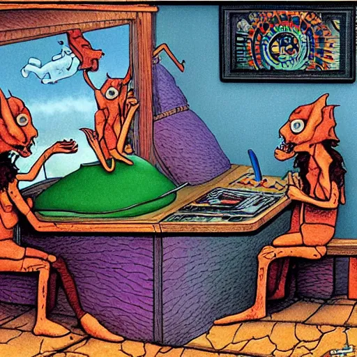 Image similar to dmt hallucination, machine elves, gary larson, far side