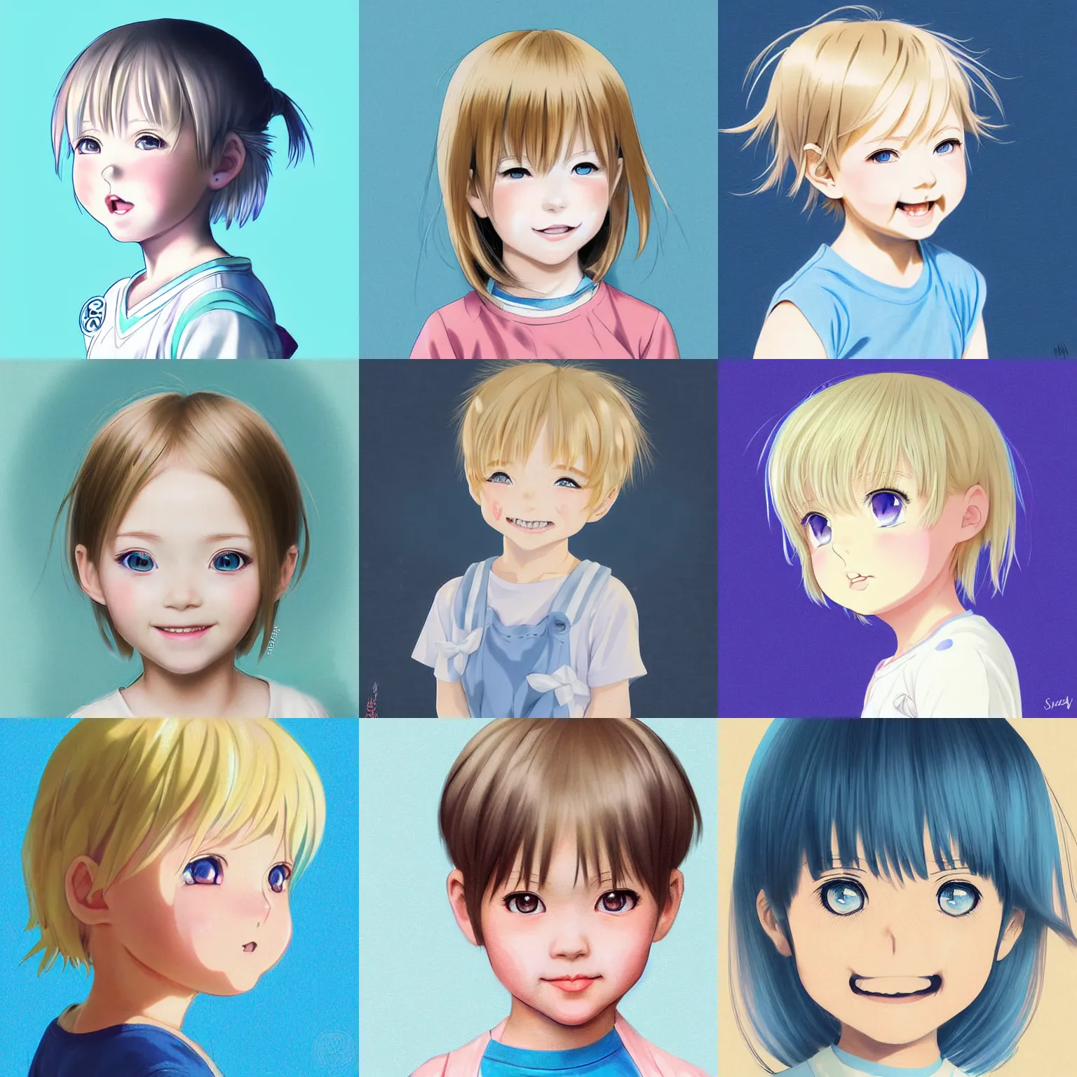 Prompt: A medium shot anime portrait of a little smiling anime girl child with thin curly light blonde short hair and light blue eyes, blue-eyed, chubby face, very young, toddler, medium shot portrait, her whole head fits in the frame, solid color background, flat anime style shading, head shot, 2d digital drawing by Stanley Artgerm Lau, WLOP, Rossdraws, James Jean, Andrei Riabovitchev, Marc Simonetti, and Sakimi chan, trending on artstation