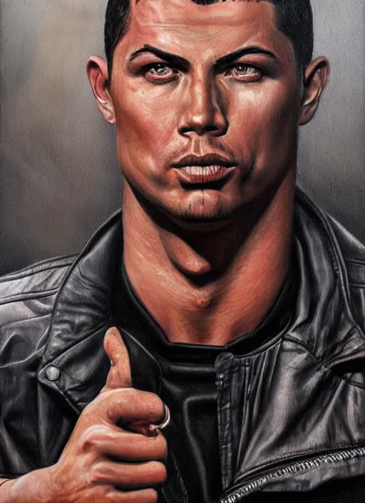 Image similar to portrait of ronaldo nazario, gritty, dark, wearing a leather jacket, very detailed eyes, hyperrealistic, very detailed painting by glenn fabry, by joao ruas, by artgerm