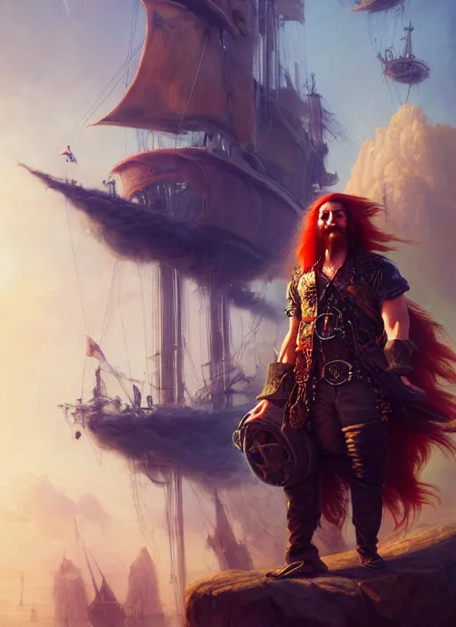 Image similar to portrait painting of a long hair red hair male pirate in front of steampunk airship in the sky by raphael lacoste and stephan martiniere greg rutkowski gaston bussiere fantasy soft hair trending on artstation key art dramtic volumetric lighting, 4 k, award winning