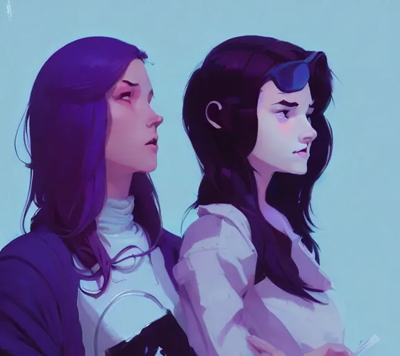 Image similar to portrait violet and caitlyn, arcane, by atey ghailan, by greg rutkowski, by greg tocchini, by james gilleard, by joe fenton, by kaethe butcher, dynamic lighting, gradient light blue, brown, blonde cream and white color scheme, grunge aesthetic