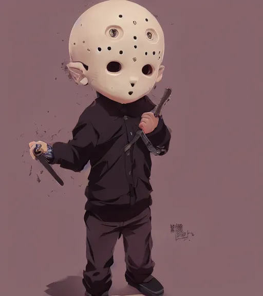 Image similar to beautiful little boy anime character inspired by jason voorhees, art by rossdraws, wlop, ilya kuvshinov, artgem lau, sakimichan and makoto shinkai, horror cinematic composition, anatomically correct, extremely coherent, realistic, mask, smooth, hd, black hair