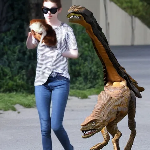 Prompt: paparazzi photo of Anna Kendrick walking her pet velociraptor