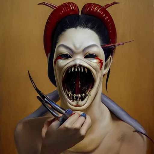 Image similar to a realistic painting by Raffaello Sanzi depicting the Kuchisake-onna with the head of the symbiotic Xenomorph in the Renaissance,smooth,Sharp focus, trending on Artstation.