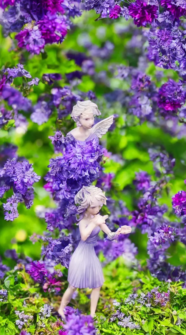 Image similar to tiny angel in a garden, hyper detailed, sharp focus, bokeh, unreal engine, ray tracing, cute, fantasy, sci fi, purple flowers, blue flowers, violet flowers, glowing flowers, tiny, small, hyper realistic, sky, spinning rings with eyes