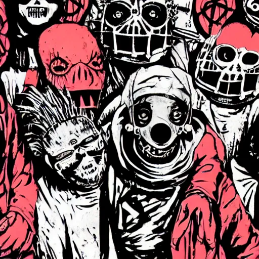 Image similar to slipknot band in the style of dorohedoro