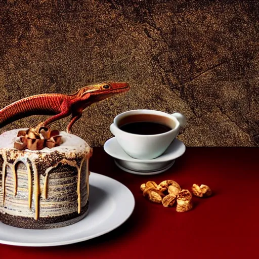 Prompt: lizard eating a cinematic dramatic lights movie shot of ultra realistic photo of a cup full of sweet goloso pasticceria chocolate ice cream cake with a coffee - praline twist cream bigne in with rich details in luxury cup and plates