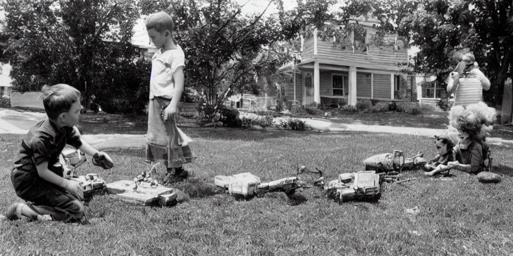 Image similar to two kids playing with lovecraftian toy in their front yard, 1 9 5 0 s picture