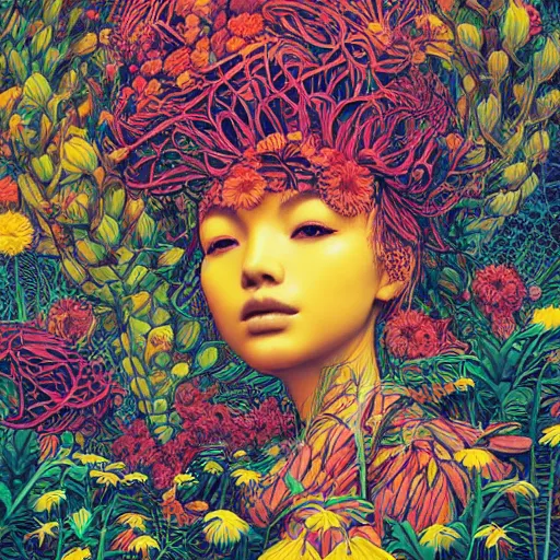 Image similar to the head of a beautiful woman partially made of bananas and chrysanthemums looking up, an ultrafine detailed illustration by james jean, final fantasy, intricate linework, bright colors, behance contest winner, vanitas, angular, altermodern, unreal engine 5 highly rendered, global illumination, radiant light, detailed and intricate environment