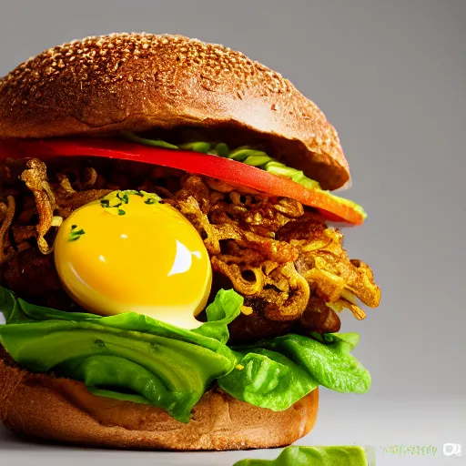 Image similar to juicy vegan hamburger topped with avocado and onion and a vegan fried egg, crispy buns, 8 k resolution, professional food photography, studio lighting, sharp focus, hyper - detailed