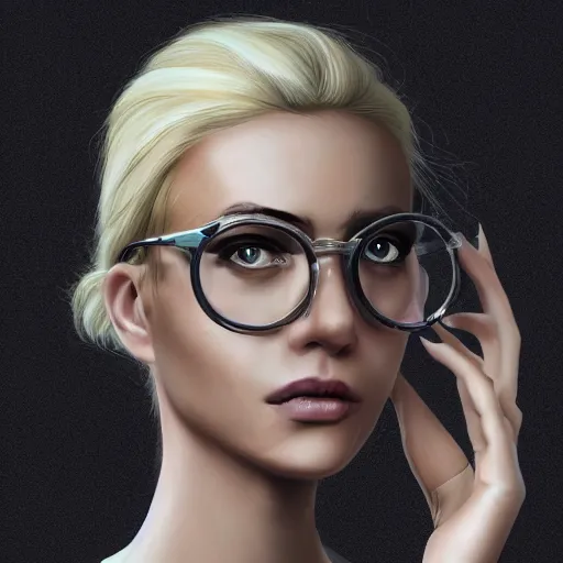 Image similar to a severe french woman with blonde hair tied in a strict bun, spectacles, lots of makeup, rich, character portrait, digital art, high quality, 8 k, detailed, d & d character,