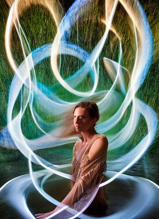 Prompt: an elegant goddess, flowing lightpainting swirling around her, highly detailed, photorealistic, surrounded by lake, reflections, smooth, sharp focus, ultrawide, art by lindsay adler and dani olivier and michael bosanko