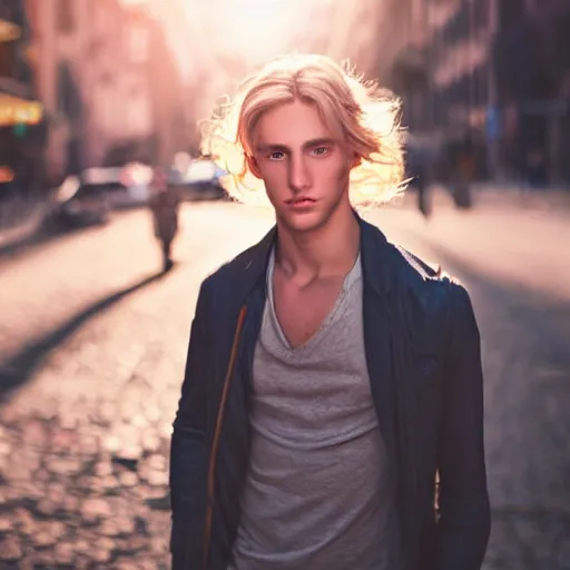 Image similar to a beautiful young man, blond, long hair, blue eyes, fair skin, in the middle of the city, impressionist, volumetric light, colorful