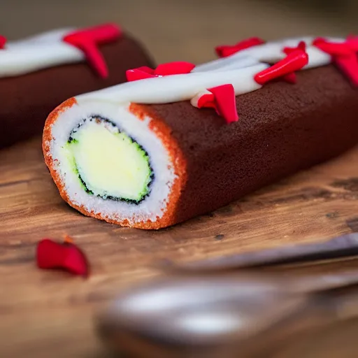 Image similar to samurai swiss cake roll, photograph, macro, 4 k