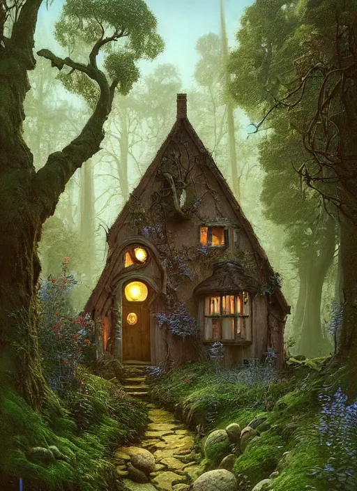 Image similar to hyper realistic homely ornate modern witch cottage distant down a path in the woods gorgeous lighting, blue sky, highly detailed, lush forest by zdzisław beksinski and norman rockwell and greg rutkowskiweta studio, and lucasfilm