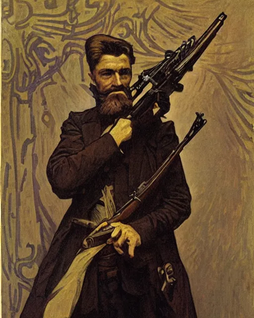 Prompt: portrait of John Brown holding a rifle and a black flag, by Alphonse Mucha