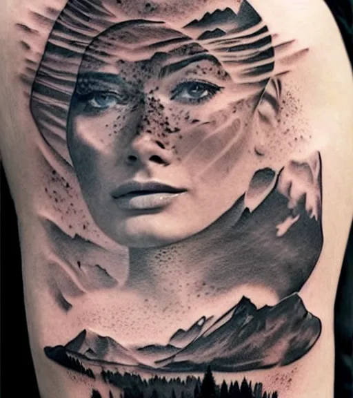 Image similar to creative double exposure effect tattoo design sketch of margot and beautiful mountains and nature, margot robbie and mountain scenery, realism tattoo, in the style of matteo pasqualin, amazing detail, sharp