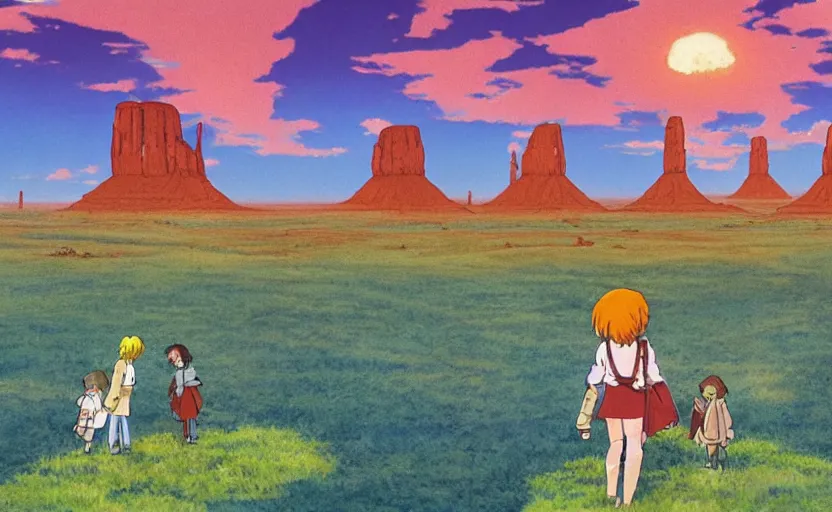 Image similar to a realistic cell - shaded studio ghibli concept art from paprika ( 2 0 0 6 ) of a cubic multi - colored rocketship from close encounters of the third kind ( 1 9 7 7 ) in a flooded monument valley stonehenge jungle jungle on a misty starry night. a camel caravan is in the foreground. very dull colors, portal, hd, 4 k, hq