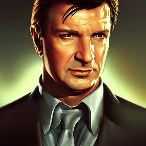 Image similar to Nathan Fillion as James Bond in Goldeneye, D&D, muscular, fantasy, intricate, elegant, highly detailed, digital painting, artstation, concept art, smooth, sharp focus, illustration, art by artgerm and greg rutkowski and alphonse much