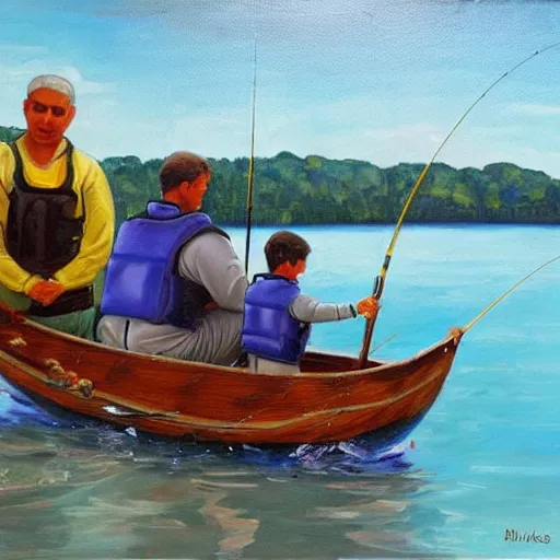 Prompt: A dad with his 3 sons in a boat, the dad is fishing, underwater there is a fish with his 3 sons, oil on canevas