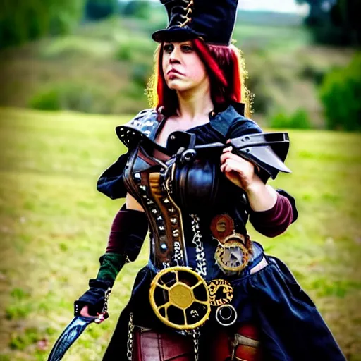 Image similar to photo of a real-life beautiful steampunk female warrior