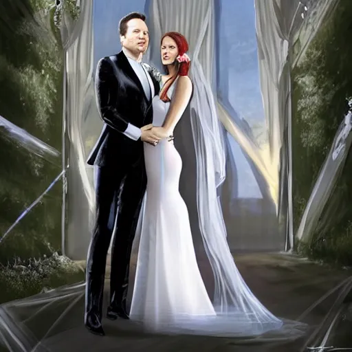 Image similar to Elon Musk in a wedding gown, romantic, concept art trending on artstation, sharp focus, highly detailed