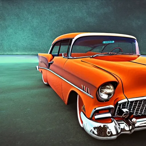 Prompt: Abandoned 1955 Chevy Bel Air, Underwater, Orange Hue, Realistic, 4k