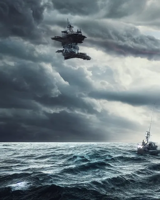 Image similar to a fishing boat on stormy seas, a gigantic star destroyer spaceship flying overhead, the gigantic star destroyer spaceship is emerging from storm clouds, sunset lighting, stormy weather, dramatic lighting, lightning, unreal engine, hyper realism, realistic shading, cinematic composition, realistic render, octane render, detailed textures, photorealistic, ultrawide shot, 1 6 mm lens