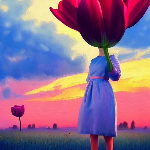 Image similar to girl with a giant tulip head, surreal photography, flower field, sunset dramatic light, impressionist painting, colorful clouds, blue sky, digital painting, artstation, simon stalenhag