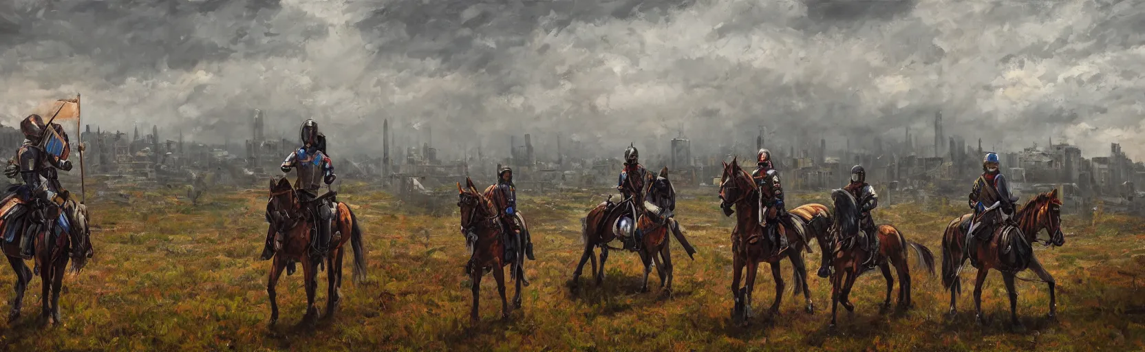 Prompt: horseback knights at scenic overlook; cloudy, grey skies, tents close, walled fortress city of deteriorating office buildings in background on hill, post apocalyptic, grungy; oil on canvas, artstation, colorful