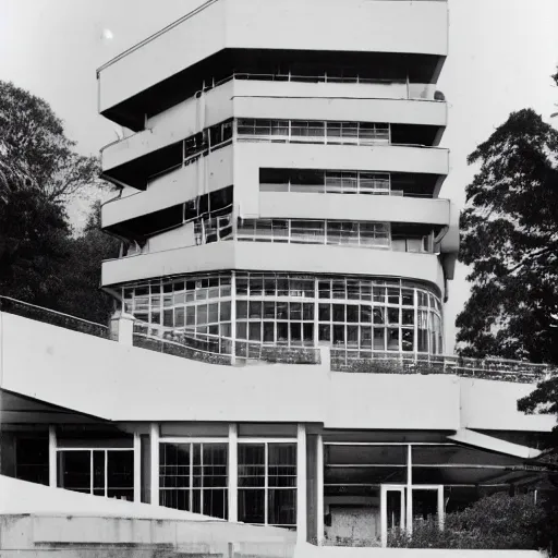 Prompt: second story cantilevered white brutalist office on top of 2 large piers, large windows, elegant, white stone, proportion, golden ratio, epic composition, steel window mullions, cars parked underneath, 1 6 : 9