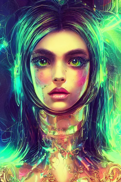 Prompt: An extremely beautiful neon-noir kawaii ornate highly detailed HD portrait of a young attractive woman with a silky bio-luminiscent holographic dress, neo-cyberpunk, professionally painted digital art illustration, smooth, sharp focus, atmospheric lighting, highly detailed illustration highlights, golden ratio, symmetrical facial features, extremely detailed winning award masterpiece, very coherent symmetrical artwork, sense of awe, 8K post-processing, trending on artstation flawless, prismatic highlights, telephoto, depth of field, cinematic, macro, concept art, wepa digital, elegant, epic, octane render, v-ray, C4D