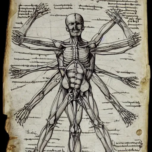 Image similar to page of an old anatomy book of fantastic creatures, depicting the anatomy of a magical fairy, laid out like the vitruvian man, old parchment