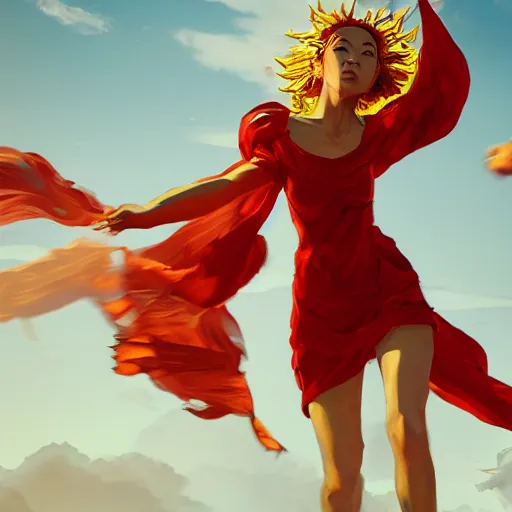 Prompt: goddes of the sun, beautiful, stunning, red golden dress, whirling with power in the sky, unreal engine, concept art, photorealistic, cinematic, james jean, akira, satochi con