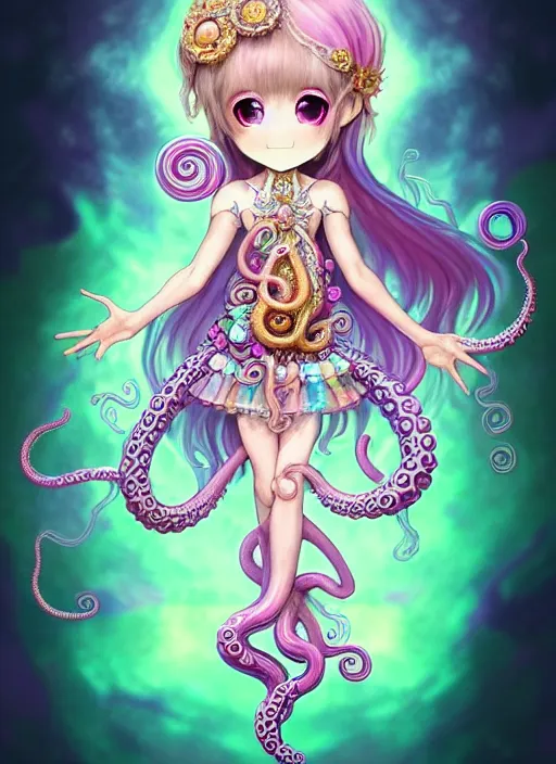 Image similar to A full body shot of a cute young magical girl wearing an ornate dress made of opals and tentacles. Chibi Monster GIrl. Subsurface Scattering. Dynamic Pose. Translucent Skin. Rainbow palette. defined facial features, symmetrical facial features. Opalescent surface. Soft Lighting. beautiful lighting. By Giger and Ruan Jia and Artgerm and WLOP and William-Adolphe Bouguereau and Loish and Lisa Frank. Fantasy Illustration. Sailor Moon. Masterpiece. trending on artstation, featured on pixiv, award winning, cinematic composition, dramatic pose, sharp, details, Hyper-detailed, HD, HDR, 4K, 8K.