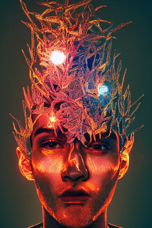 Image similar to hyper detailed ultra sharp portrait of baroque and bladerunner delicate neon ruby sculpture of seductive albino zayn malik tigers orange radioactive humanoid deity wearing metallic hoody made out of leaves holding the sun prismatic dungeon, glowing rainbow face, crown of white diamonds, cinematic lighting, photorealistic, octane render 8 k depth of field 3 d