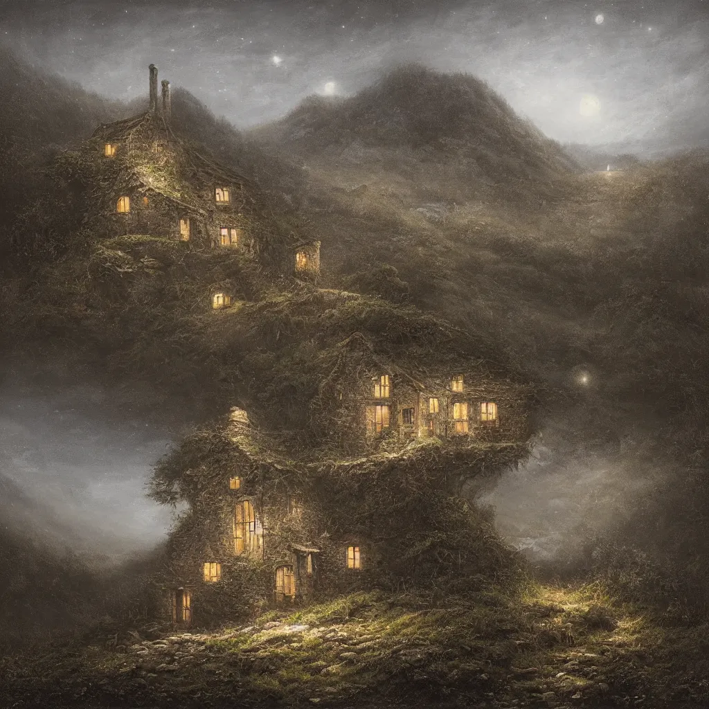 Image similar to A singular rotting cottage on a mountaintop at night, by Lee Madgwick, hyperrealistic, V-Ray 8k UHD