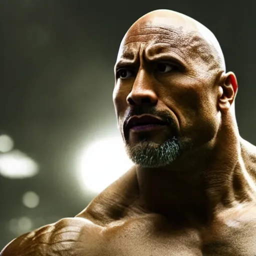 Prompt: a still portrait dwayne johnson as a bald green all over incredible hulk, cinematic, shallow depth of field