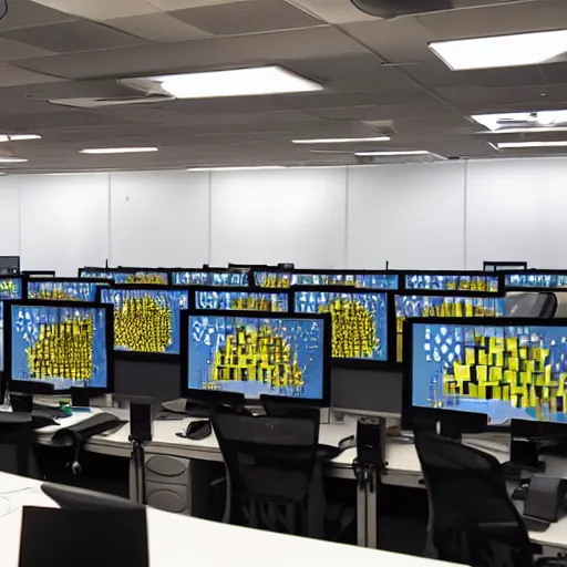 Image similar to a mountain made out of computer screens in a crowded office with cubicles, the computer screens have bitcoin logos, unreal engine 5, harsh contrast lighting