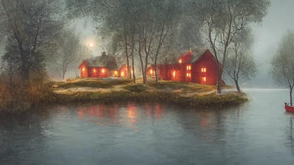 Image similar to small red wooden cottage by the lake, lanterns in the front of the cottage, smoke coming out of the chimney, dusk, birch trees, tranquility, two swans swimming in the lake, a rowing boat, by Greg Rutkowski, by Charlie Bowater