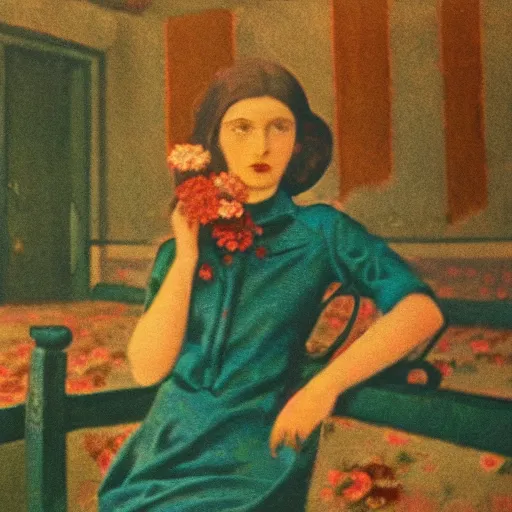 Image similar to close - up of a beautiful flowery girl in an soviet golden liminal abandoned room, film still by wes anderson, depicted by balthus, limited color palette, very intricate, art nouveau, highly detailed, lights by hopper, soft pastel colors