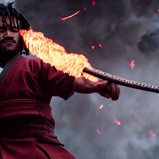 Image similar to cinematic film still of Lil Uzi starring as a Samurai holding fire, Japanese CGI, VFX, 2022, 40mm lens, shallow depth of field, film photography