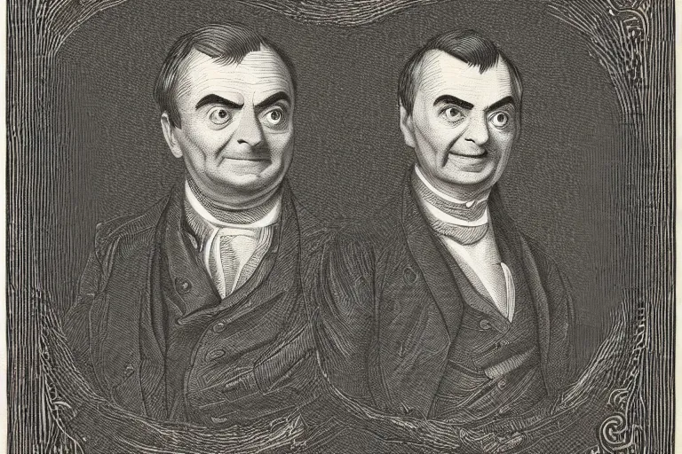 Prompt: An engraved portrait of Mr. Bean , detailed!!! copper-plate engraving in the style of money bills, fine!!! lines, engraved by Alfred Sealey, Bureau of Engraving and Printing