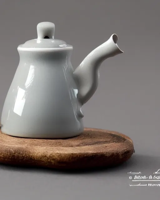 Image similar to a white tea kettle with a little porcelain gray mouse on it's spout