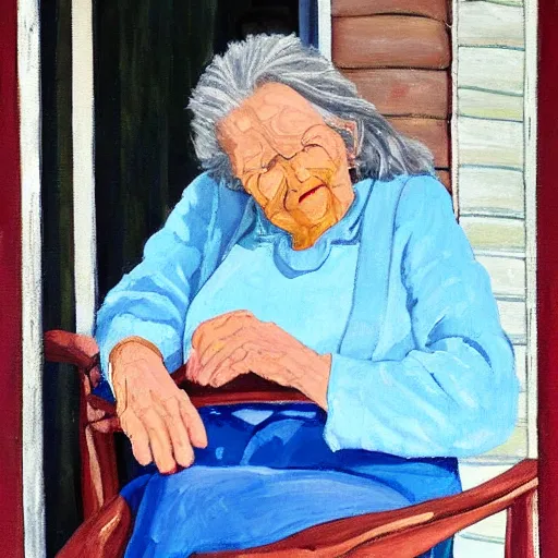 Image similar to painting of an elderly woman sitting in a rocking chair on a porch, appalachian folk art