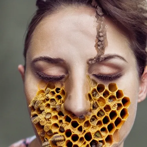 Prompt: woman face filled with honeycomb, bees flying, photography